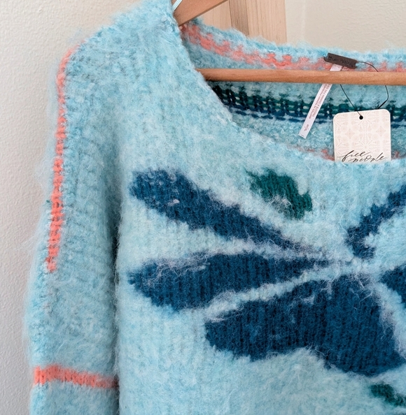 NWT Free People Lily Pullover Striped & Floral Oversized Sweater In Sky Blue - Picture 5 of 11